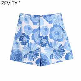 Zevity Women Blue Floral Print Pleat Design Bermuda Shorts Female Chic Zipper Fly Casual Slim Pantalone Cortos P1103