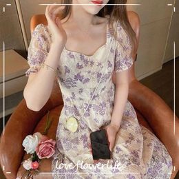 French Vintage Midi Dress Women Short Sleeve Casual Floral Dress Elegant Evening Dress for Females Office Lady Summer Chic 210521