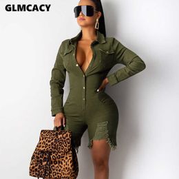 Women Button Down Sexy Denim Playsuit Short Rompers Bodycon Autumn Ripped Jumnpsuit Casual Party Club Rompers 210702