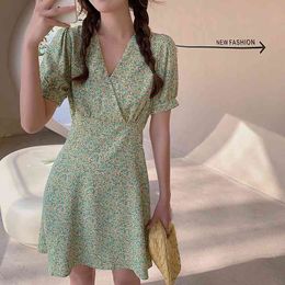 Women Summer V Neck Floral Print Boho Beach Dress Short Sleeve A Line Mini Sundress 210515