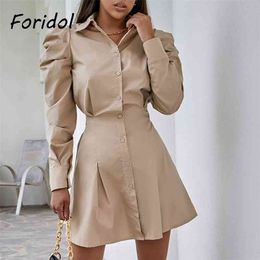 Elegant Khaki Blazer Dress Women Fashion Long Puff Sleeve Breasted es Office Ladies Spring Mini 210427