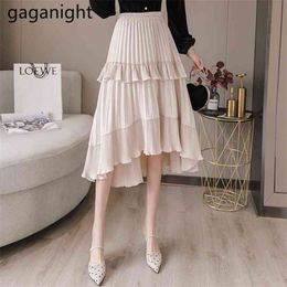 A-line Slim Floral Print Pleated Dresses Women Irregular Elastic High Waist Cake Skirts Ruffle Spring Office Lady 210601