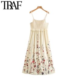 TRAF Women Fashion Floral Embroidery Ruffled Linen Midi Dress Vintage Backless Thin Straps Female Dresses Vestidos 210415