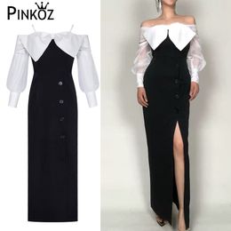 celebrity style bow slim bodycon party maxi dress black slash neck split buttons luxury dresses for women vintage chic 210421