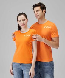 Customised Logo t shirts Solid Shirt Short Sleeve Cotton Lapel tshirt Plain Orange White Summer Couple T-Shirts