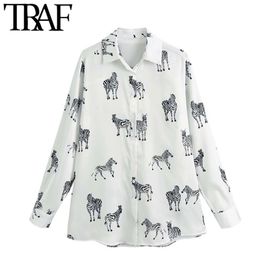 TRAF Women Fashion Animal Print Button-up Loose Blouses Vintage Lapel Collar Long Sleeve Female Shirts Chic Tops 210415