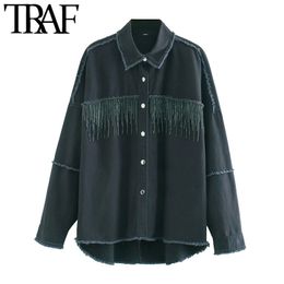 TRAF Women Fashion Oversized Bejewelled Denim Jacket Coat Vintage Long Sleeve Fayed Tassel Female Outerwear Chic Tops 210415