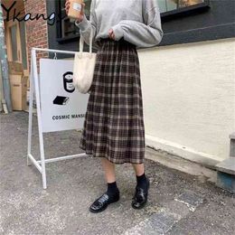 Woolen Winter Plus Size 3XL pleated plaid skirt Warm Vintage Long skirts Ladies Office Harajuku Midi skirts Streetwear 210730
