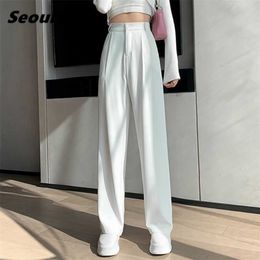 Seoulish Spring Autumn White Wide Leg Women's Pants High Waist Button Female Elegant Minimalism Office Work Trousers 211115