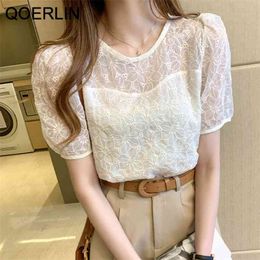 Eyelet Embroidery Bishop Sleeve Blouse Women Plus Size Chic Apricot Sexy Tops Fashion Short Loose Casual Blouses 210601