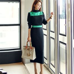 Autumn Women high quality elastic knitting dresses fashion Long sleeve Turtleneck Slim Pencil dress clothing 210519