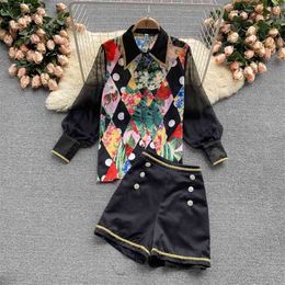 Spring Autumn Suit For Women Long Sleeve Retro Print Casual Shirts + High Waist Short Pants Two Piece Set Outfit 210428
