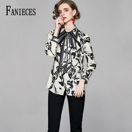 Spring Summer Fall Runway Vintage Print Tops Shirt Long Sleeve OL Blouse Women Party Casual Top Shirts chemise femme 210520