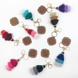 Personalized Wooden Keychain Party Favor Three-layer Cotton Tassel and Chip Pendant Key Ring Multicolor T2I53123