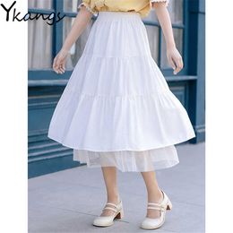 Black White Simple Long Pleated Skirts Students Women 2-Layer Mesh Stitching High Waist Ruffles Tulle Skirt Sweet Cute Clothes 210619