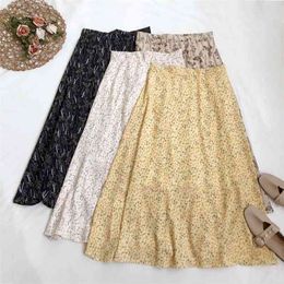 Spring and Summer Korean Retro Sweet Floral Elastic High Waist Slim A-line Mid Length Skirt for Women 210529