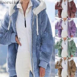 Women Winter Thick Warm Teddy Coat Solid Long Sleeve Fluffy Hairy Fake Fur Jackets Outerwear Female Plus Size Zipper Overcoat 211109