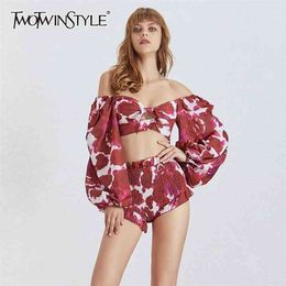 TWOTYLE Sexy Print Beach Women Suit Square Neck Lantern Sleeve Hollow Out Crop Tops High Waist Shorts Two Piece Set Female 210721