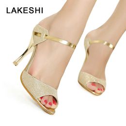 LAKESHI Peep Toe Women Pumps High Heel Shoes Gold Silver Women Heel Shoes Fashion Thin Heels Sandals Summer Women Shoes X0526