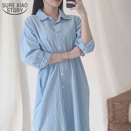 Blue White Long Shirt Plus Size Loose BF Style Summer Below The Knee Women Blouses Lazy Solid Korean Clothes 9654 210417