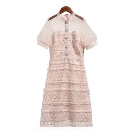 PERHAPS U Pink Mash Lace Stand Collar Pearl Short Puff Sleeve Mini Dress Elegant D1188 210529