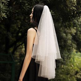White Soft Tulle Two-layer Bridal Waltz Veil Ivory Pearls Wedding New Wedding Accessories X0726
