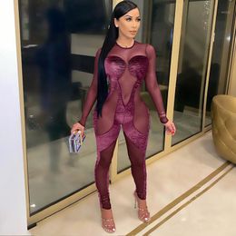 Ladies Sexy Mesh See-through Bodysuit Velvet Striped Long-sleeved Fashion Clothing 2021 Products Women's Jumpsuits & Rompers