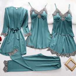 5pcs/set Silk Robe Sleep Suit Womens Lace Satin Pajamas Gown Set V-Neck Cami Nighties Wear Pijama Home Nightwear Nightdress X0526