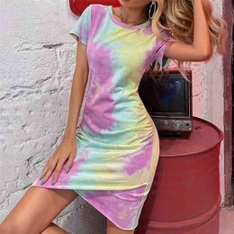 Casual Bodycon mini Dress for womens summer tie-dye fashion slim dress High Street O-Neck Sheath dresses 210508