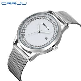 CRRJU Diamond Quartz Women Watch Fashion Casual Mesh Stainless Steel Watches Ladies WristWatch Relogio Feminino Clock 210517