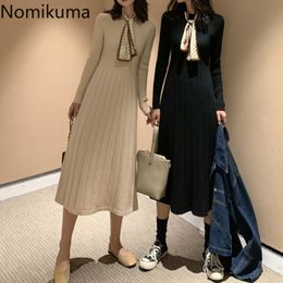 Nomikuma Autumn Sweater Knitted Dress Women Elegant Slim Fit Pit Stripe Stand Collar Lace Up Long Sleeve Dresses Vestidos 3d477 210514