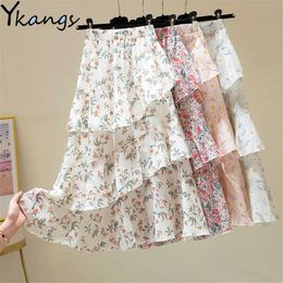 Sweet Floral Printed Tiered Long Skirt Irregular Ruffled Cake A-Line Long Chiffon Skirts Summer Women Pleated Skirt Streetwear 210619