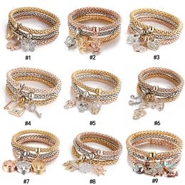 3pcs/set Crystal Owl Crown Heart Bracelets Rhinestone Elephant Skull Music notes butterfly Key lock Tree of life Charm Bangle Jewelry