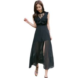 Black maxi Dress korean ladies Sexy Lace Sleevelss stand cabret formal party A line Dresses for women 210602