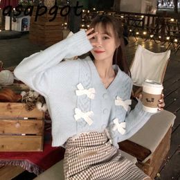 Sweaters&Jumpers Cardigan Autumn Gentle V Neck Blue Bow Knitted Cardigan Jacket Pull Femme Korean Chic Fashion Sweet Red Black 210610