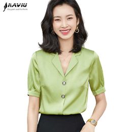 Fruit Green V Neck Short Sleeve Shirt Women Summer Satin Formal Temperament Blouses Office Laides High End Work Tops 210604