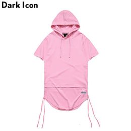 Elongated Curved Hem Men's T-shirt with Hoodie Summer Side String Blank Hip Hop Tshirt Short Sleeve Black Pink 210603