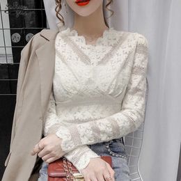 Crochet Lace Sexy Blouse Vintage White Shirts Spring Hollow Out V-neck Female Shirts Tops Casual Puff Sleeve Korean Blusas 12626 210527
