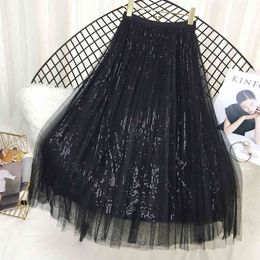 Spring Summer Skirts Women Korea Long Tulle Skirt Sequined Pleated A Line Midi Skirt Chic High Waist Skirt Female 210419