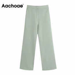 Aachoae Women High Waist Solid Casual Long Pants 2021 Office Wear Loose Straight Trousers Zipper Fly Elegant Ladies Green Pants Q0801