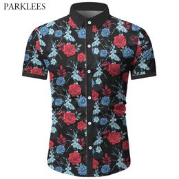 Hipster Floral Printed Men Short Sleeve Shirt Splice Casual Slim Fit Flower Men Summer Hawaiian Shirts Social Chemise Male 210524