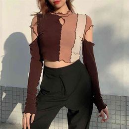 Women T-Shirt Contrast Color Stitching Patchwork Slim Fit Casual O-Neck Hole Long Sleeve Personality Short Fashion Tops 210522