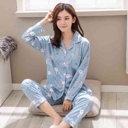 New Cartoon Print Autumn Pyjamas for Women Homewear Girls Sweat Cute Pyjamas Waist Pants Loose Sleepwear Set Casual Pjs X0526