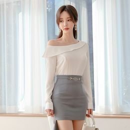 LLZACOOSH Summer Women Runway 2 PCS Set Sexy Fashion Long sleeve Off Shoulder Shirt Tops + Hight waist irregular Skirts Set 210514