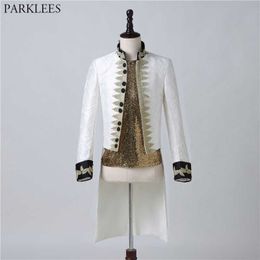 Gold Embroidery Gothic Victorian Tailcoat Jacket Men Mediaeval Cosplay Costume Male Pirate Viking Renaissance White Tuxedo Coats 210522