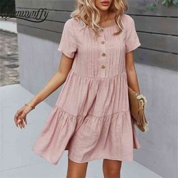 O-Neck Solid Button Women Summer Dresses Short Sleeve Cotton Ruffle Hem Korean Female Casual Smock 210510