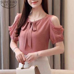 Summer Women Off Should Blouse Pink Round Collar Ladies Tops Fashion Korean Bow Lace Chiffon Spliced Clothes 9033 50 210417