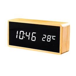 100% Bamboo LED Alarm Clocks Temperature Humidity Multifunction Digital Wooden Snooze Clock Voice Control Living Room Decoration 210804