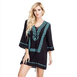 Seven-point Sleeve V-neck Loose Black Beach Blouse Cotton Blue-bottomed Embroidered Holiday Bikini Maxi Dress Sunscreen Shirt Women's Swimwe