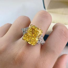 Sterling Silver Super Luxury Cut 13x16mm Rectangular High Carbon Simulation Yellow Diamond Female Senior Engagement Ring Cluster Rings